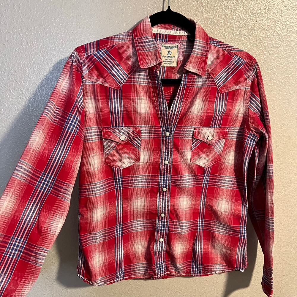 Panhandle Red White and Blue Plaid Western Long Sleeve Pearl Snap Shirt Size S